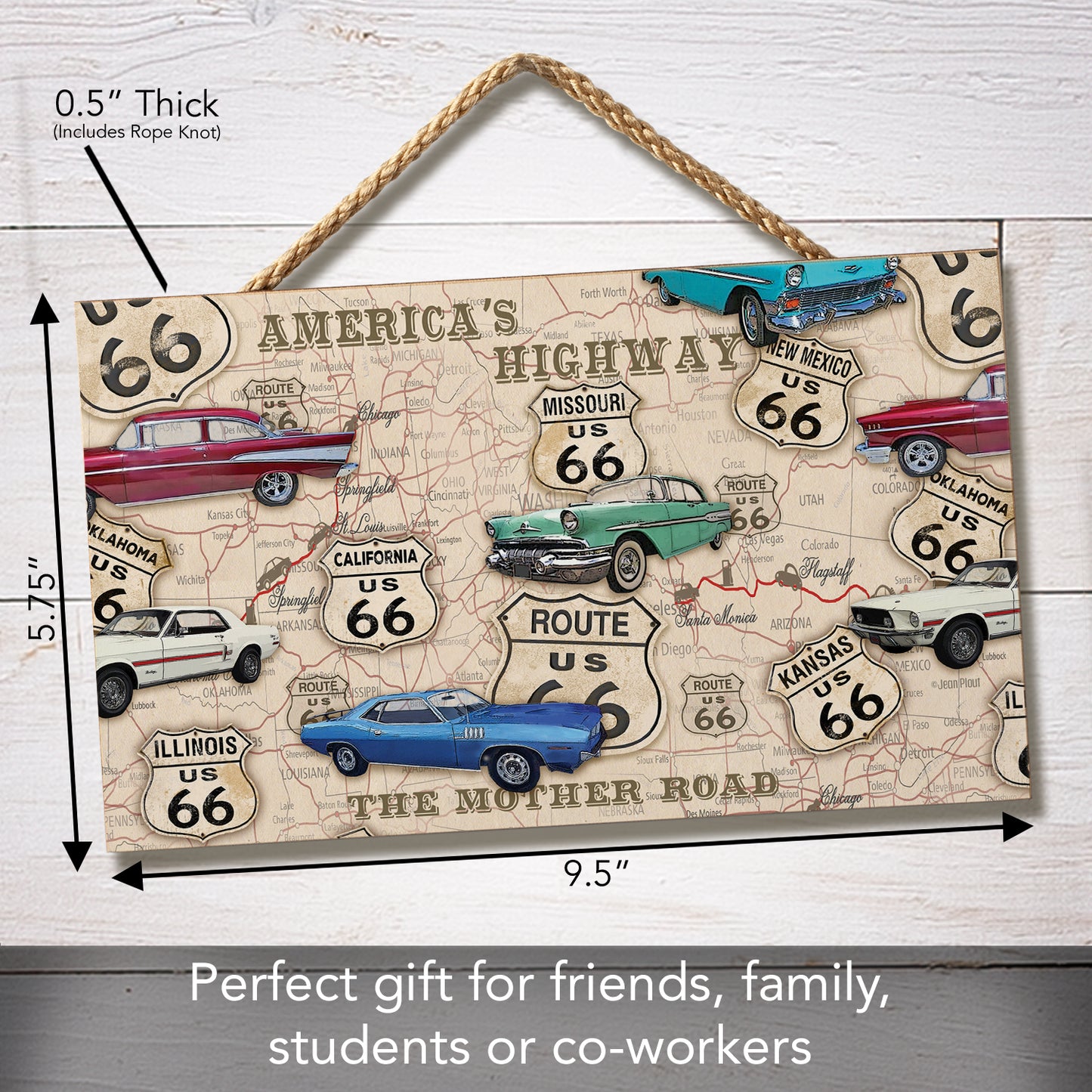 CounterArt Route 66 Map Decorative Hanging Wood Sign 9.5” by 5.75” Made in the USA Includes Attractive Braided Rope Hanger
