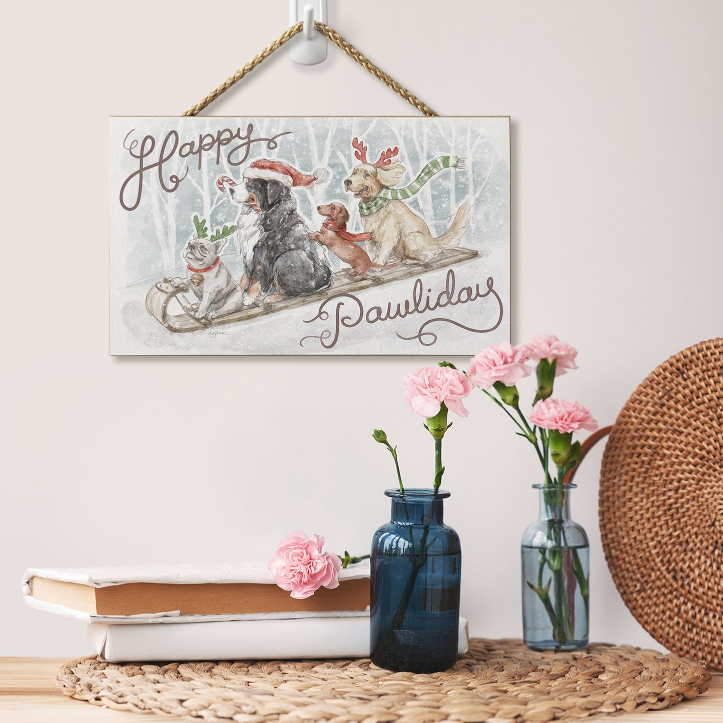 CounterArt Happy Pawliday Decorative Hanging Wood Sign 9.5” by 5.75” Made in the USA Features Braided Rope Hanger