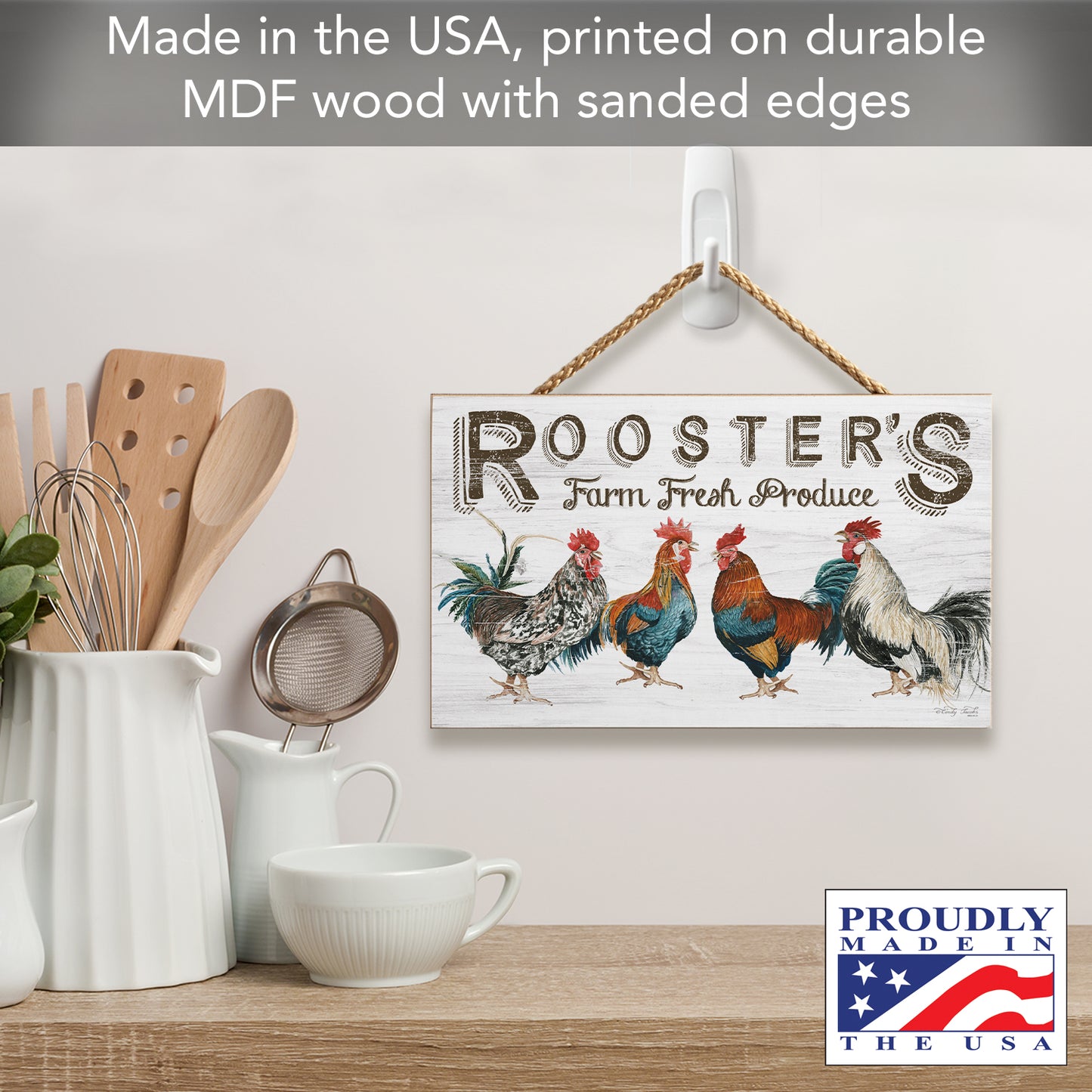 CounterArt Farm Fresh Decorative Hanging Wood Wall Sign 9.5” by 5.75” Made In the USA Features Braided Rope Hanger