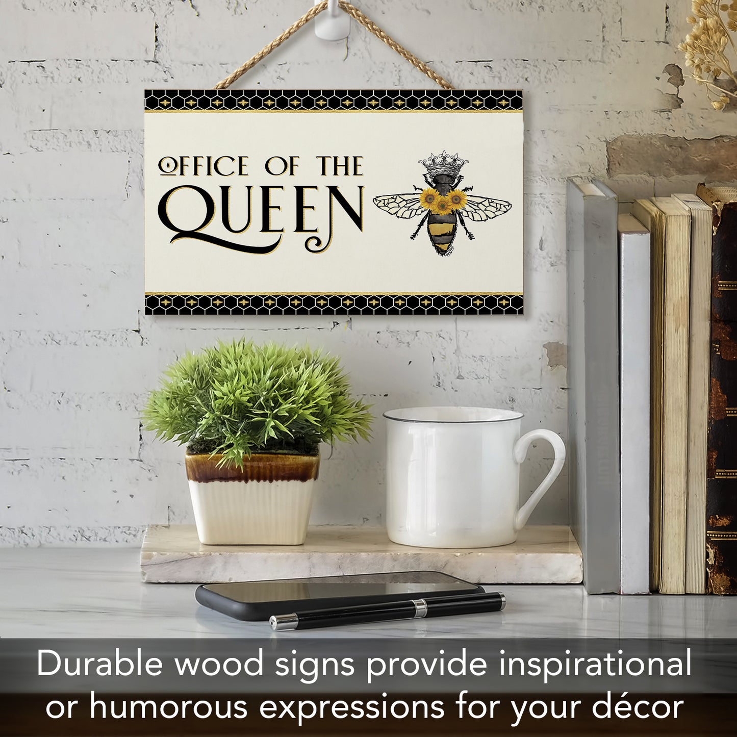 CounterArt Office Queen Decorative Hanging Wood Wall Sign 9.5” by 5.75” Made in the USA Features Braided Rope Hanger