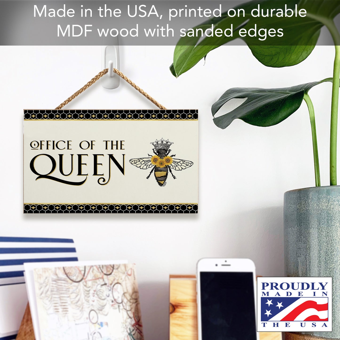 CounterArt Office Queen Decorative Hanging Wood Wall Sign 9.5” by 5.75” Made in the USA Features Braided Rope Hanger