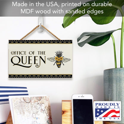 CounterArt Office Queen Decorative Hanging Wood Wall Sign 9.5” by 5.75” Made in the USA Features Braided Rope Hanger