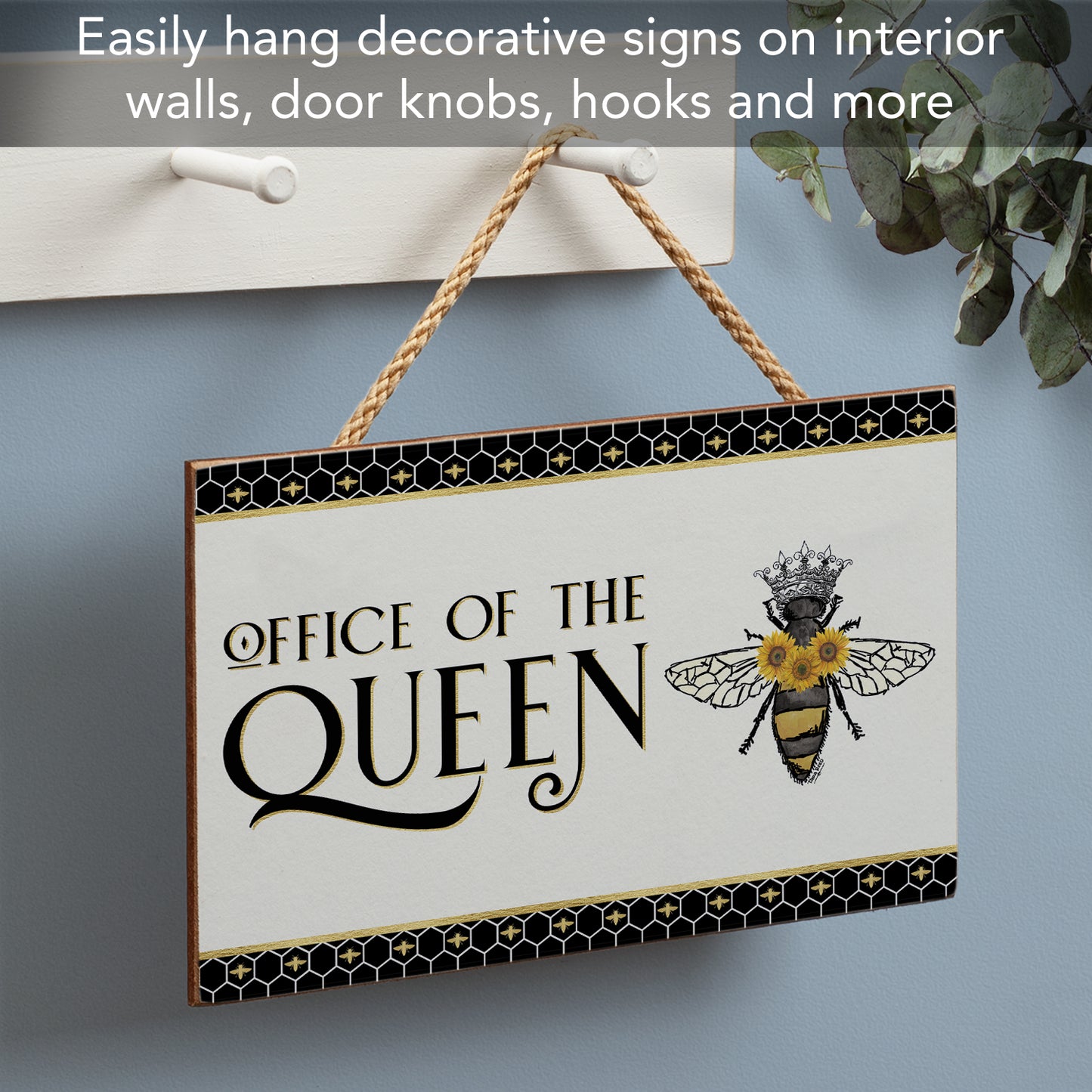 CounterArt Office Queen Decorative Hanging Wood Wall Sign 9.5” by 5.75” Made in the USA Features Braided Rope Hanger