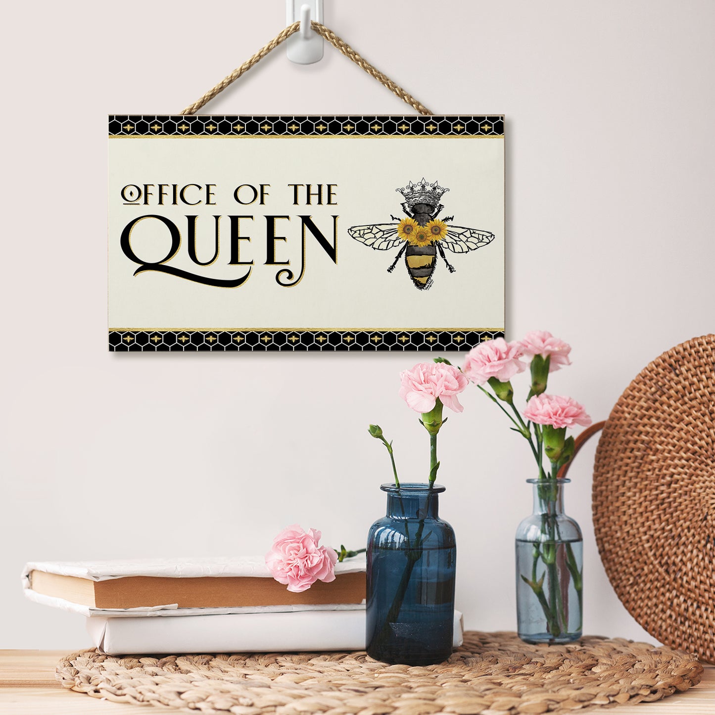 CounterArt Office Queen Decorative Hanging Wood Wall Sign 9.5” by 5.75” Made in the USA Features Braided Rope Hanger