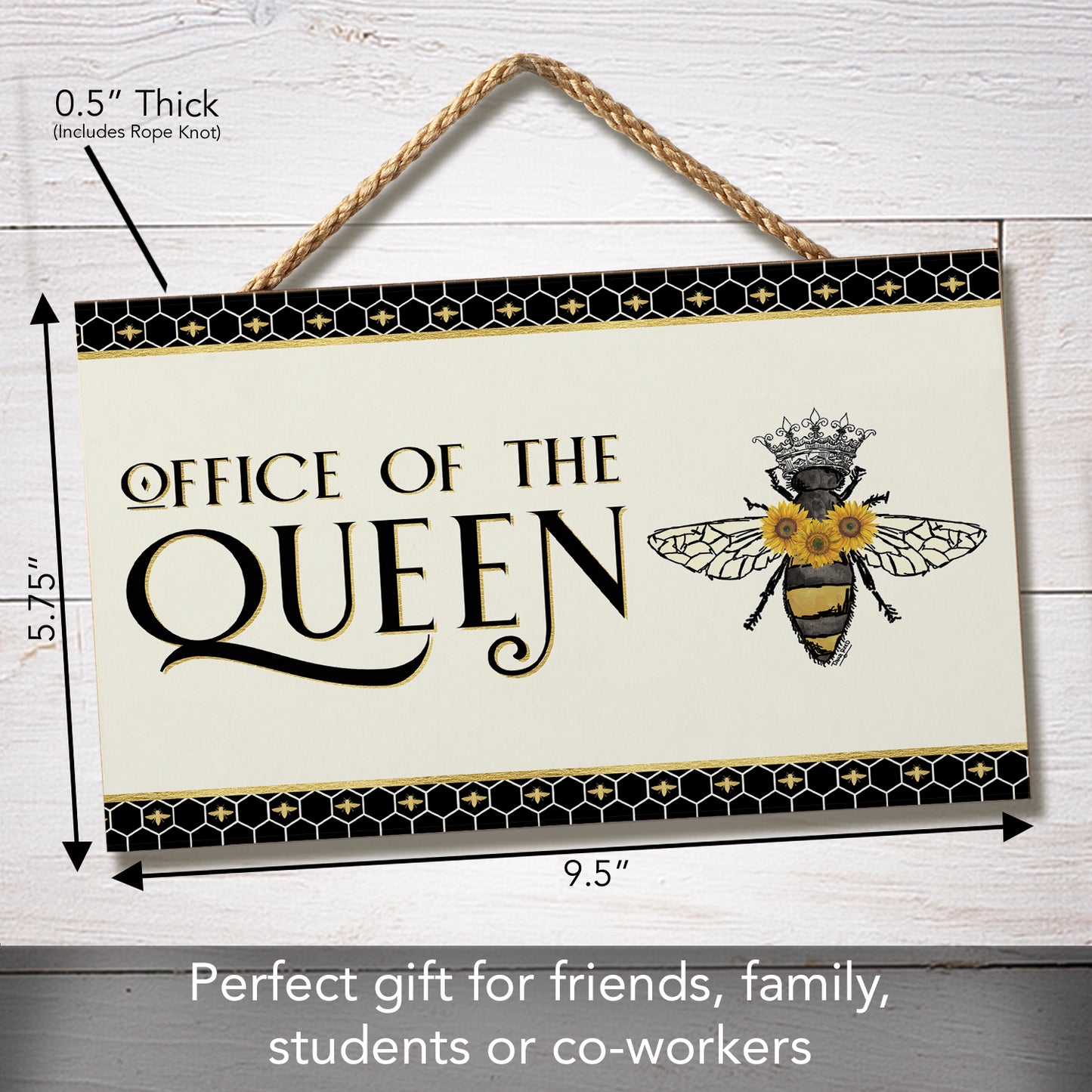 CounterArt Office Queen Decorative Hanging Wood Wall Sign 9.5” by 5.75” Made in the USA Features Braided Rope Hanger