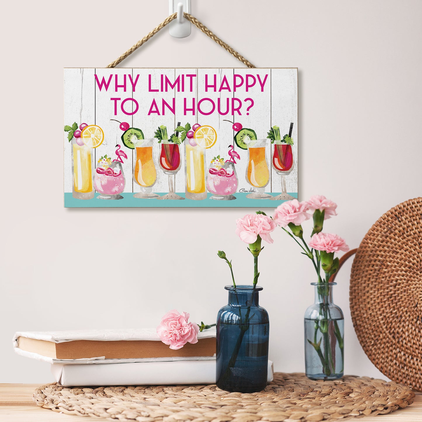 CounterArt Why Limit Happy Hour Decorative Hanging Wood Sign 9.5” by 5.75” Made in the USA Features Braided Rope Hanger