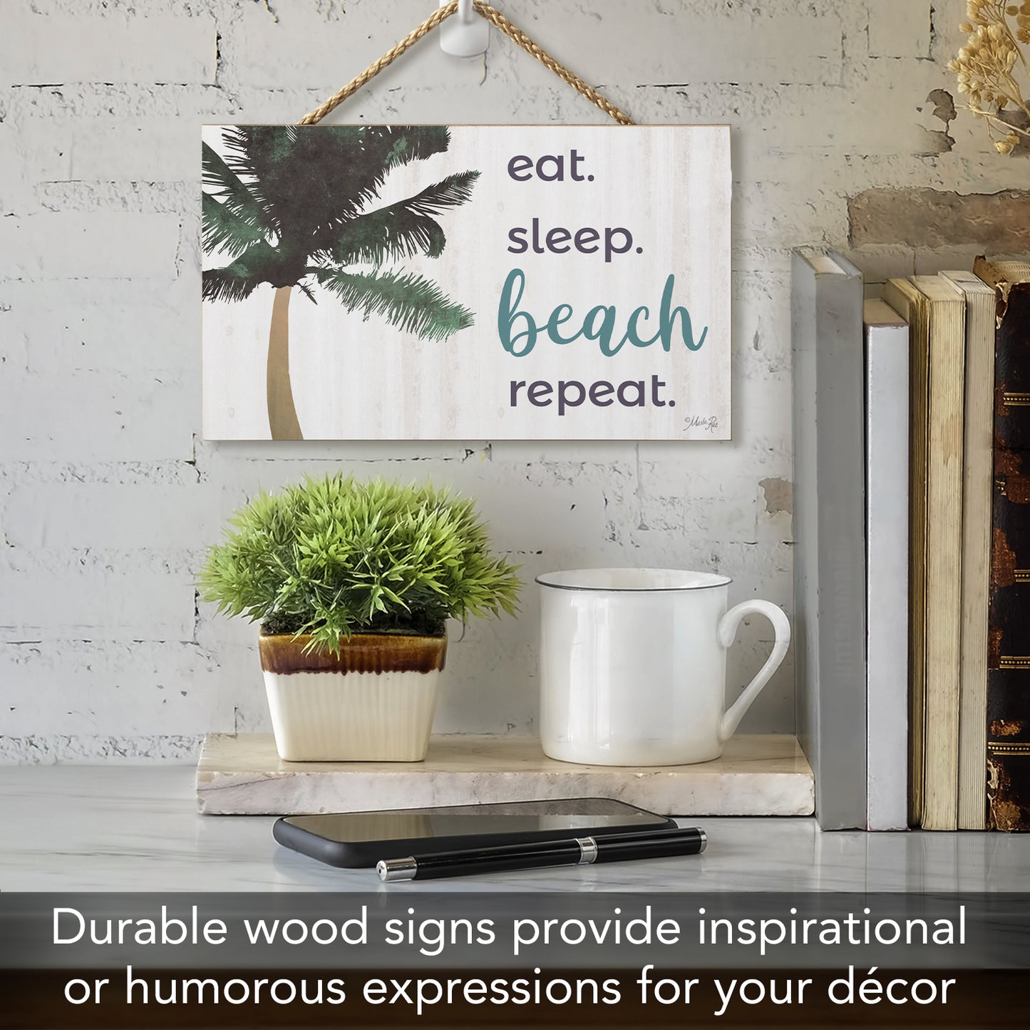 CounterArt Beach Repeat Decorative Hanging Wood Sign 9.5” by 5.75” Features Braided Rope Hanger