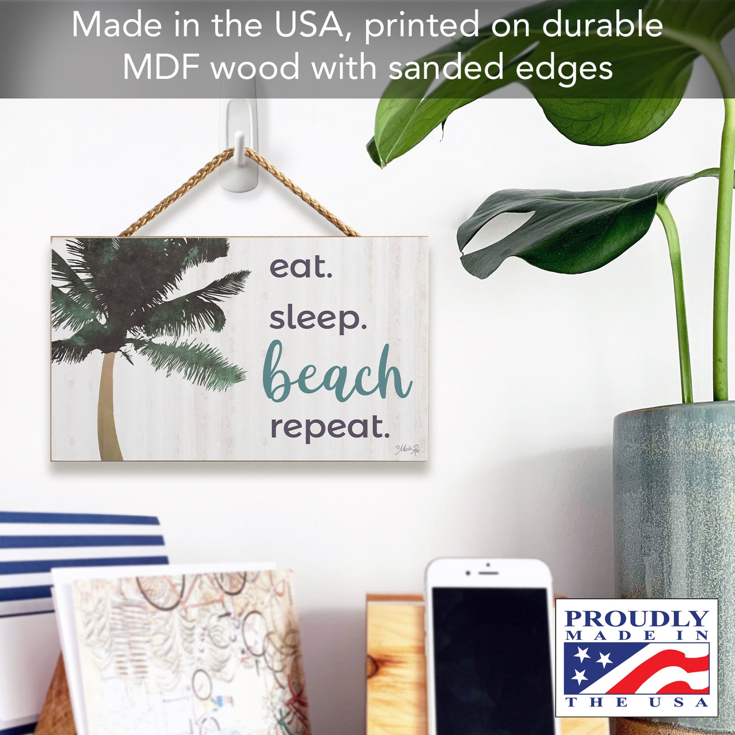 CounterArt Beach Repeat Decorative Hanging Wood Sign 9.5” by 5.75” Features Braided Rope Hanger