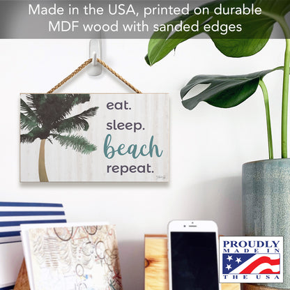 CounterArt Beach Repeat Decorative Hanging Wood Sign 9.5” by 5.75” Features Braided Rope Hanger