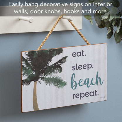 CounterArt Beach Repeat Decorative Hanging Wood Sign 9.5” by 5.75” Features Braided Rope Hanger