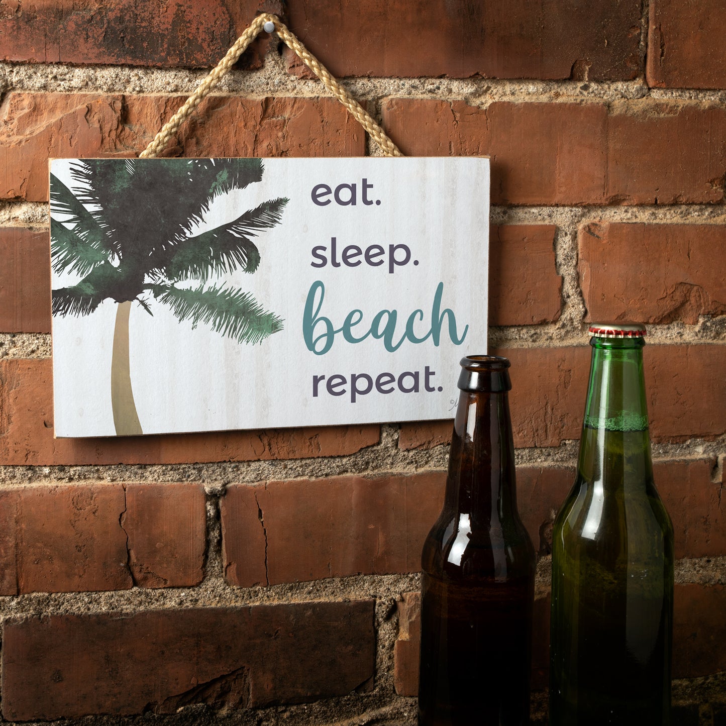 CounterArt Beach Repeat Decorative Hanging Wood Sign 9.5” by 5.75” Features Braided Rope Hanger
