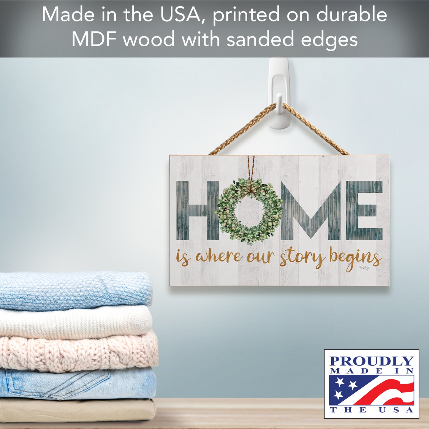 CounterArt Story Begins Decorative Hanging Wood Wall Sign 9.5” by 5.75” Made in the USA Features Braided Rope Hanger