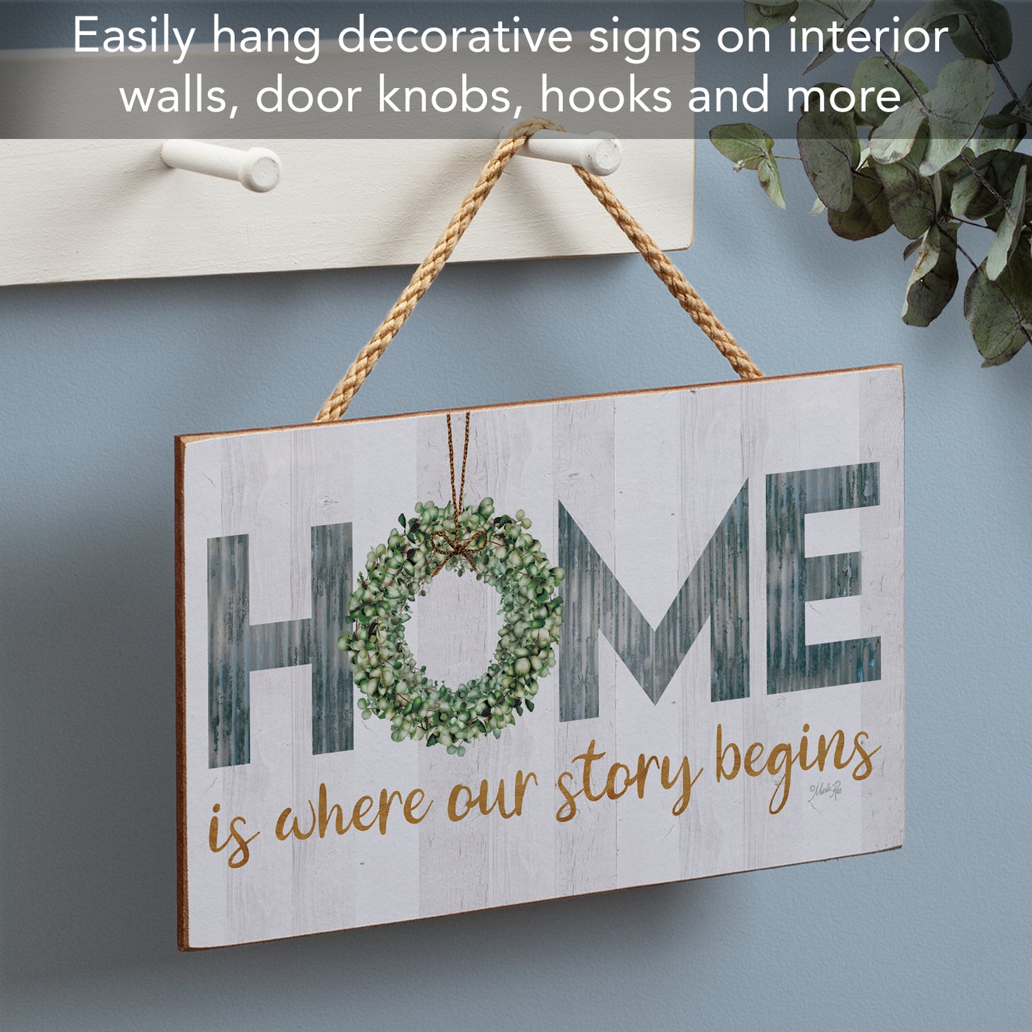 CounterArt Story Begins Decorative Hanging Wood Wall Sign 9.5” by 5.75” Made in the USA Features Braided Rope Hanger