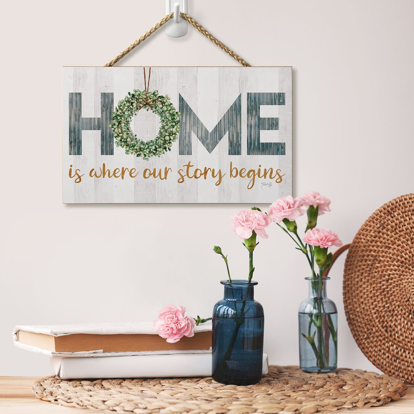 CounterArt Story Begins Decorative Hanging Wood Wall Sign 9.5” by 5.75” Made in the USA Features Braided Rope Hanger