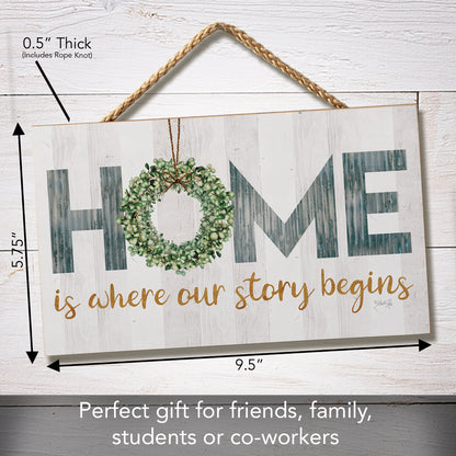 CounterArt Story Begins Decorative Hanging Wood Wall Sign 9.5” by 5.75” Made in the USA Features Braided Rope Hanger