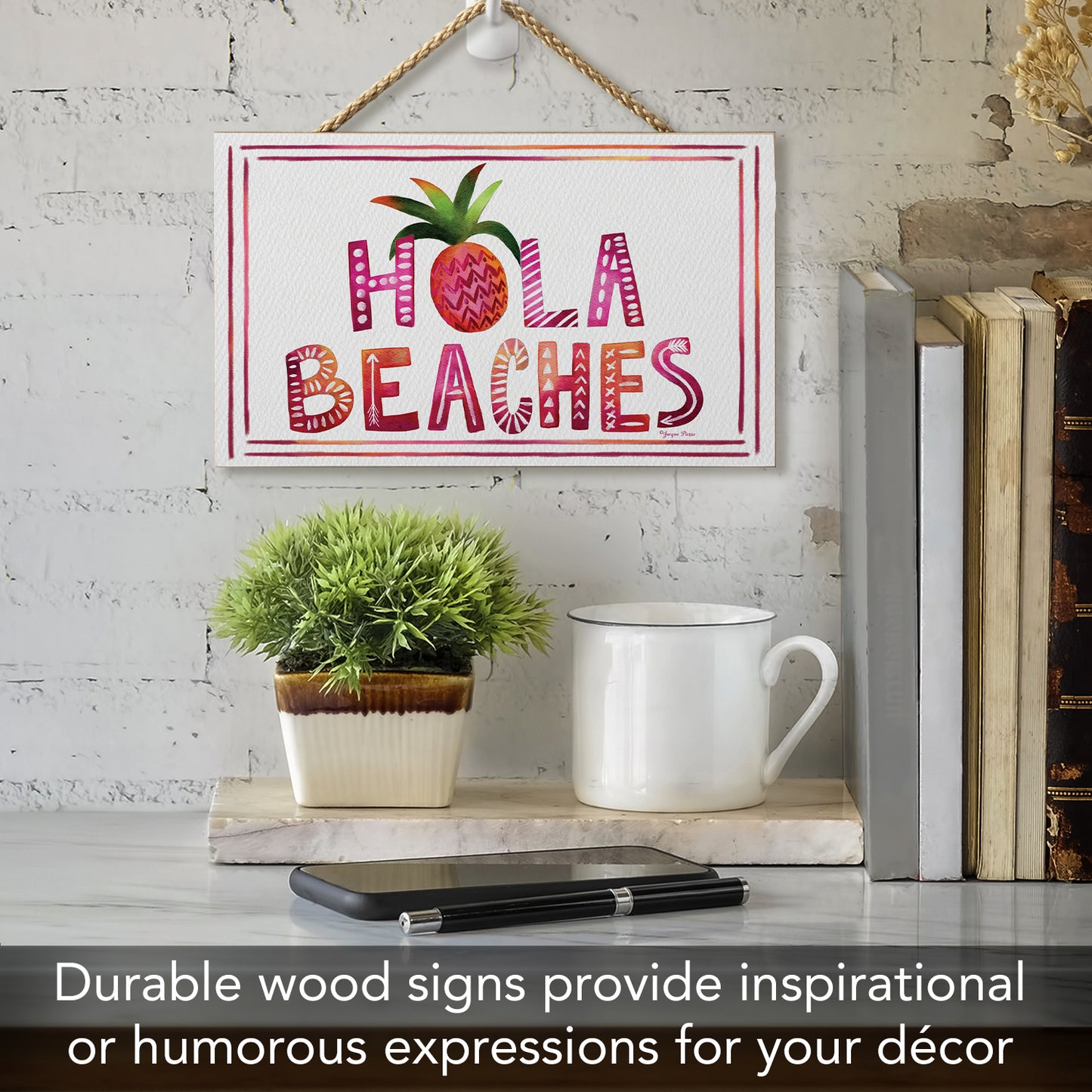 CounterArt Hola Beaches Decorative Hanging Wood Sign 9.5” by 5.75” Made in the USA Features Braided Rope Hanger