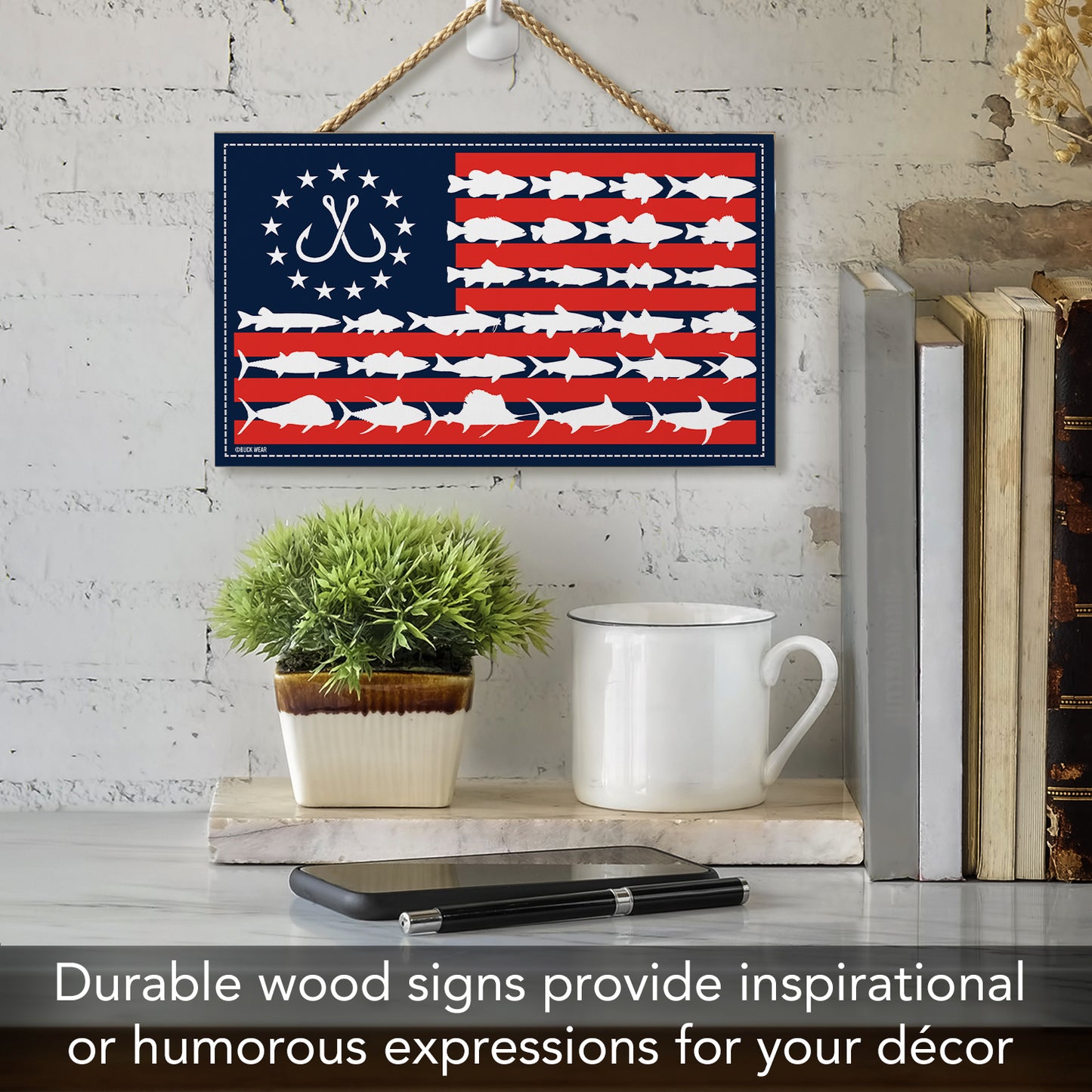 CounterArt Fish Flag Decorative Hanging Wood Sign 9.5” by 5.75” Made in the USA Features Braided Rope Hanger