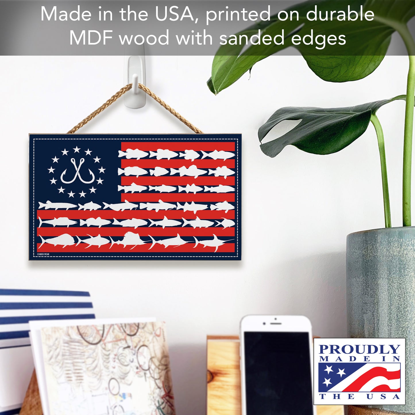CounterArt Fish Flag Decorative Hanging Wood Sign 9.5” by 5.75” Made in the USA Features Braided Rope Hanger