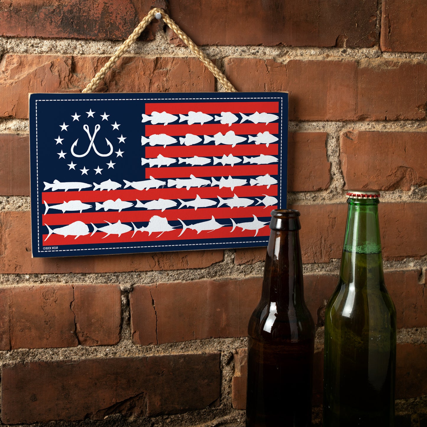 CounterArt Fish Flag Decorative Hanging Wood Sign 9.5” by 5.75” Made in the USA Features Braided Rope Hanger