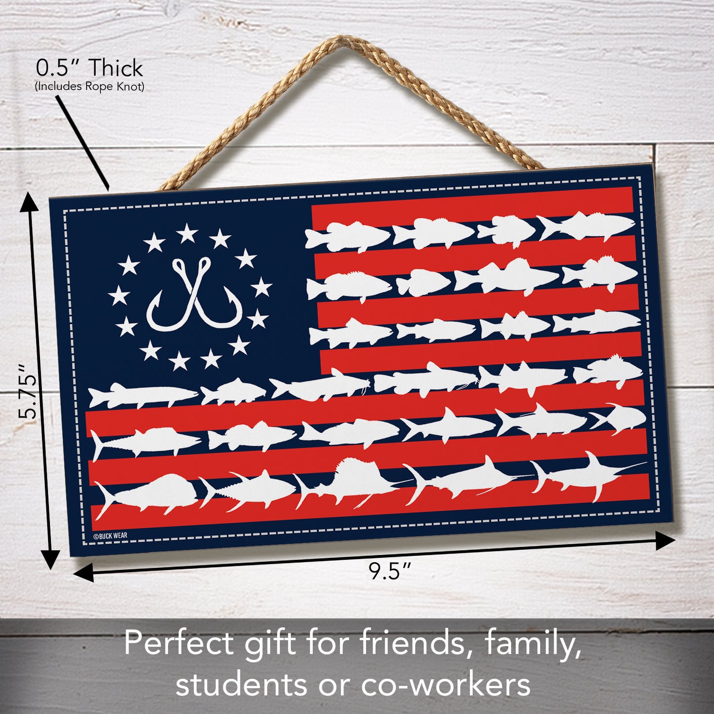 CounterArt Fish Flag Decorative Hanging Wood Sign 9.5” by 5.75” Made in the USA Features Braided Rope Hanger