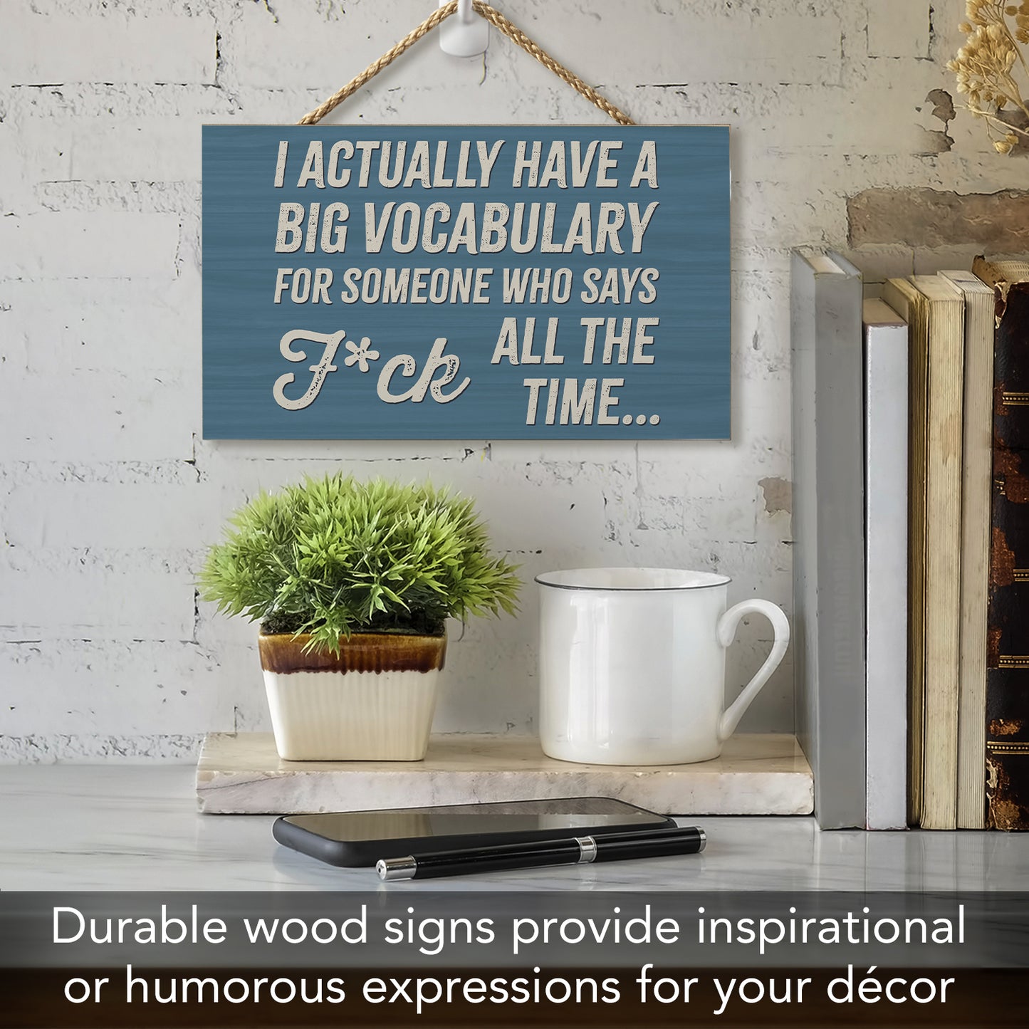 CounterArt Big Vocabulary Humorous Hanging Wood Wall Sign 9.5” Made in the USA Features Braided Rope Hanger