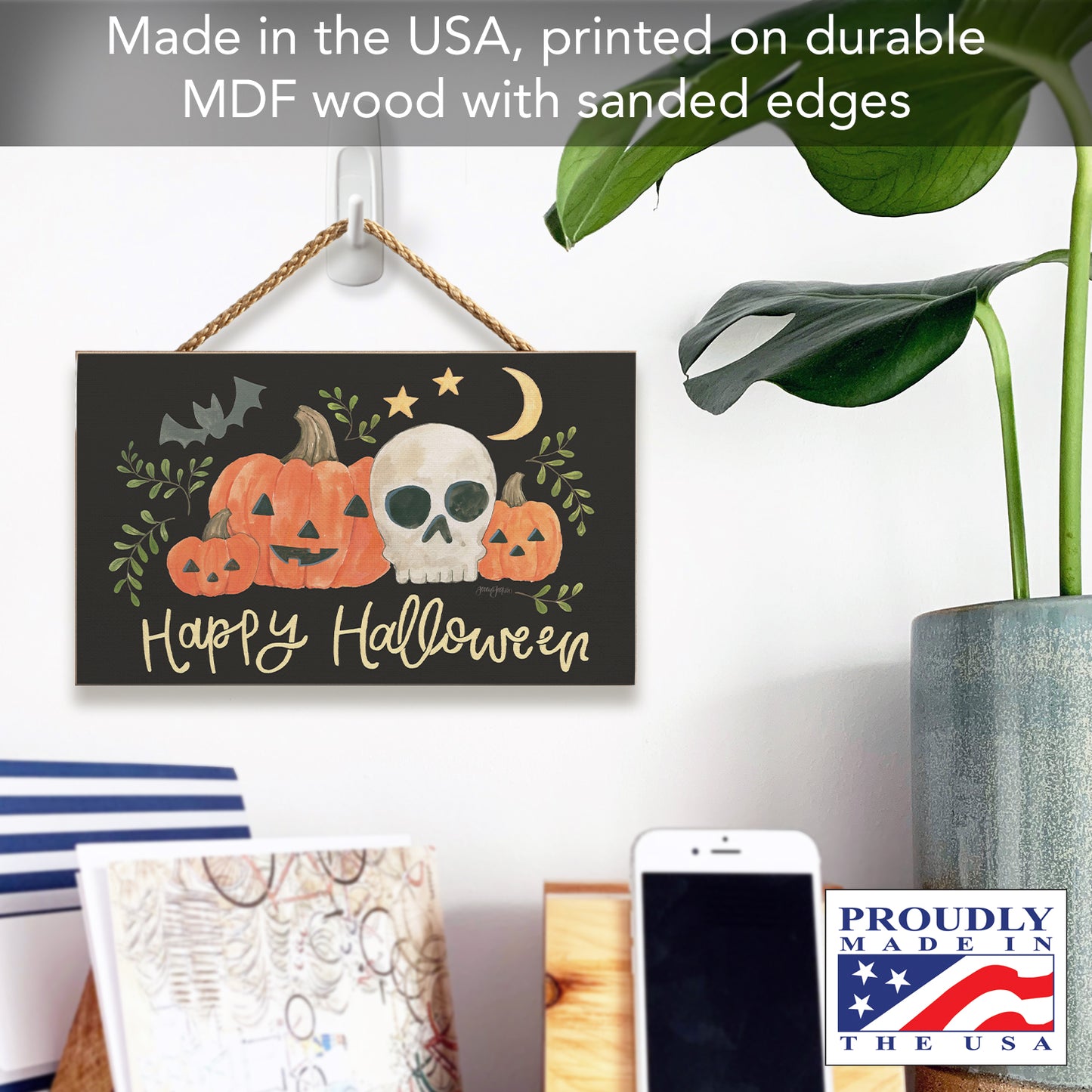 CounterArt Spooky Halloween Season Hanging Wood Wall Sign 9.5” by 5.75” Made in the USA Features Braided Rope Hanger