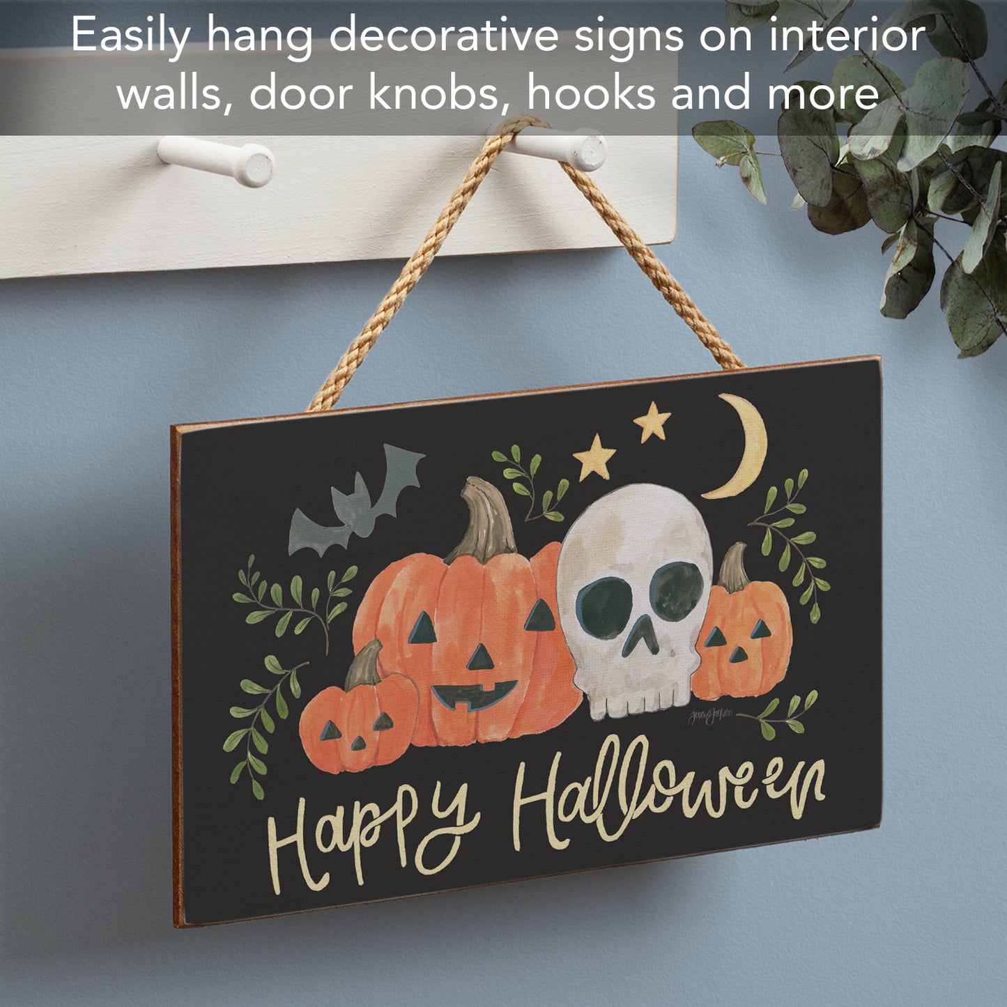 CounterArt Spooky Halloween Season Hanging Wood Wall Sign 9.5” by 5.75” Made in the USA Features Braided Rope Hanger