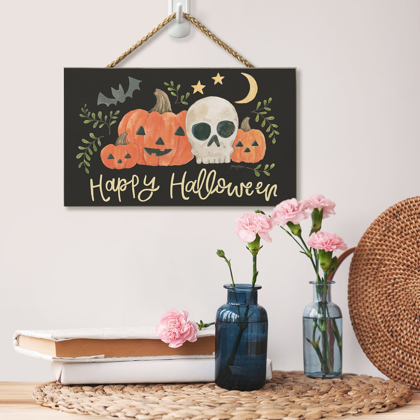 CounterArt Spooky Halloween Season Hanging Wood Wall Sign 9.5” by 5.75” Made in the USA Features Braided Rope Hanger