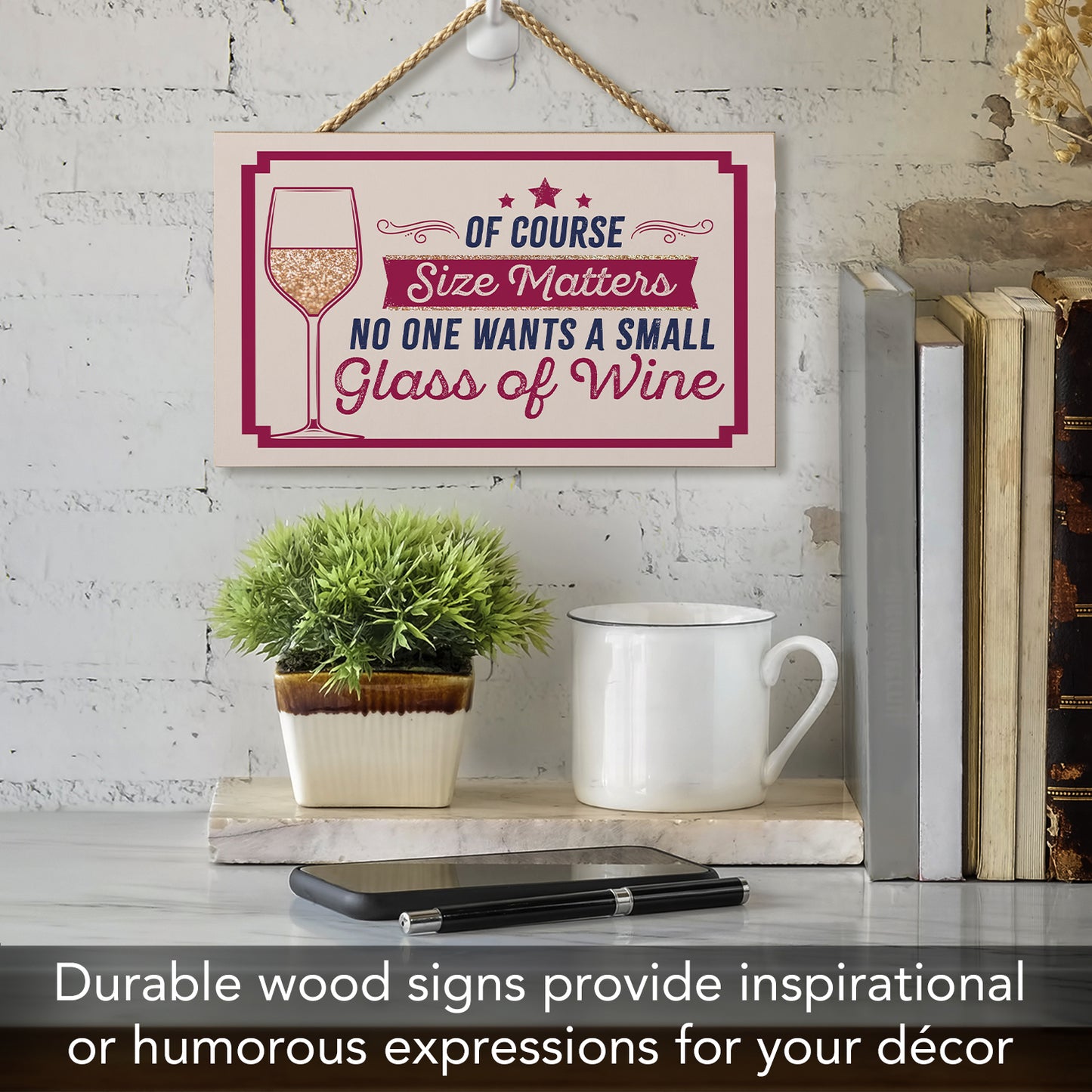 CounterArt Size Matters Humorous Hanging Wood Wall Sign 9.5” by 5.75” Made in the USA Features Braided Rope Hanger