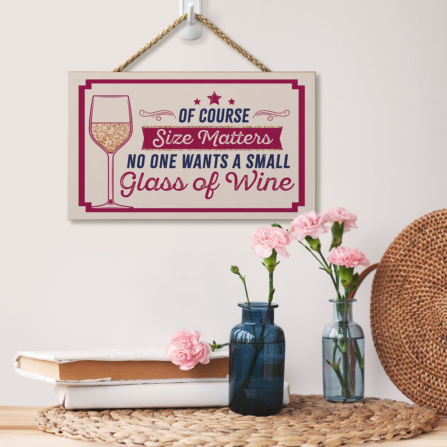 CounterArt Size Matters Humorous Hanging Wood Wall Sign 9.5” by 5.75” Made in the USA Features Braided Rope Hanger
