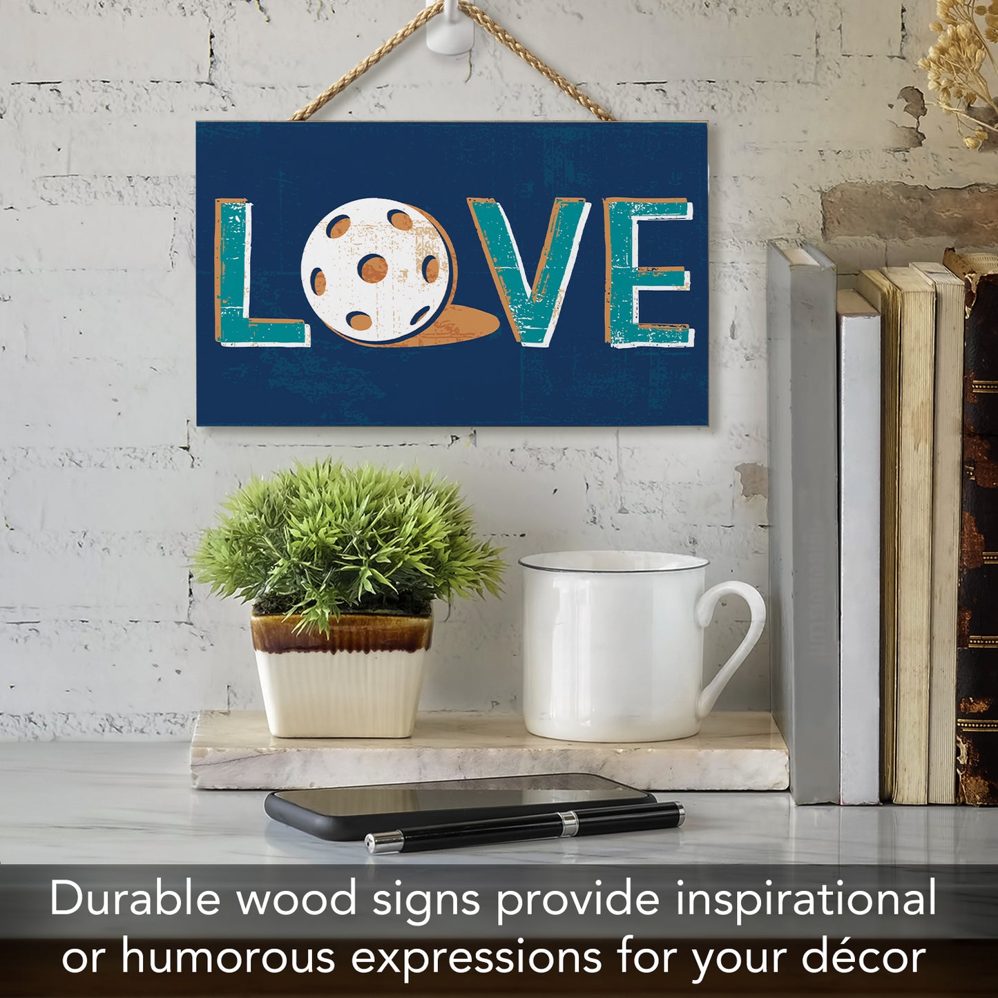 CounterArt Pickleball Love Decorative Hanging Wood Wall Sign 9.5” by 5.75” Made in the USA Features Braided Rope Hanger