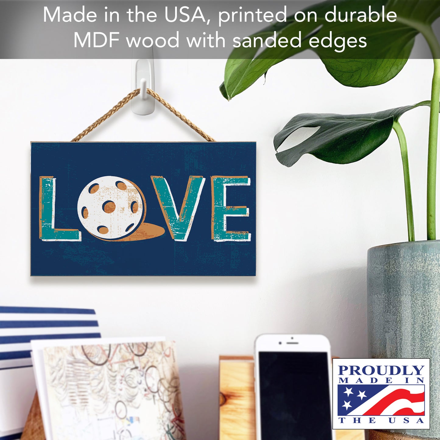 CounterArt Pickleball Love Decorative Hanging Wood Wall Sign 9.5” by 5.75” Made in the USA Features Braided Rope Hanger