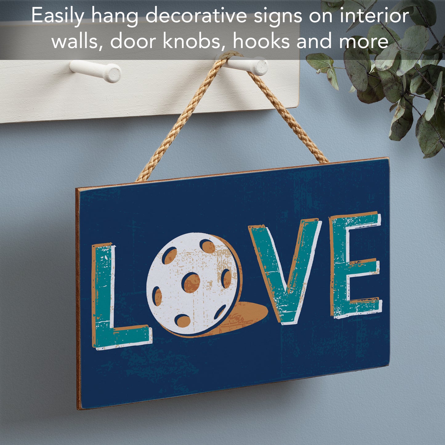 CounterArt Pickleball Love Decorative Hanging Wood Wall Sign 9.5” by 5.75” Made in the USA Features Braided Rope Hanger