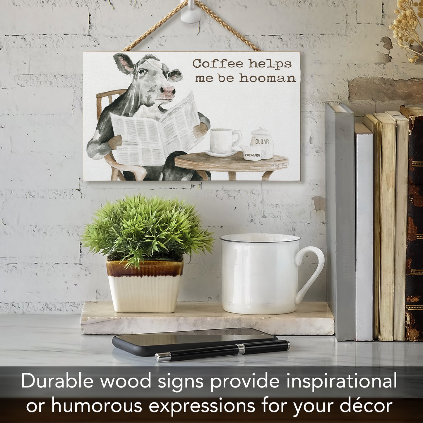 CounterArt Hooman Humorous Hanging Wood Wall Sign 9.5” by 5.75” Made in the USA Features Braided Rope Hanger