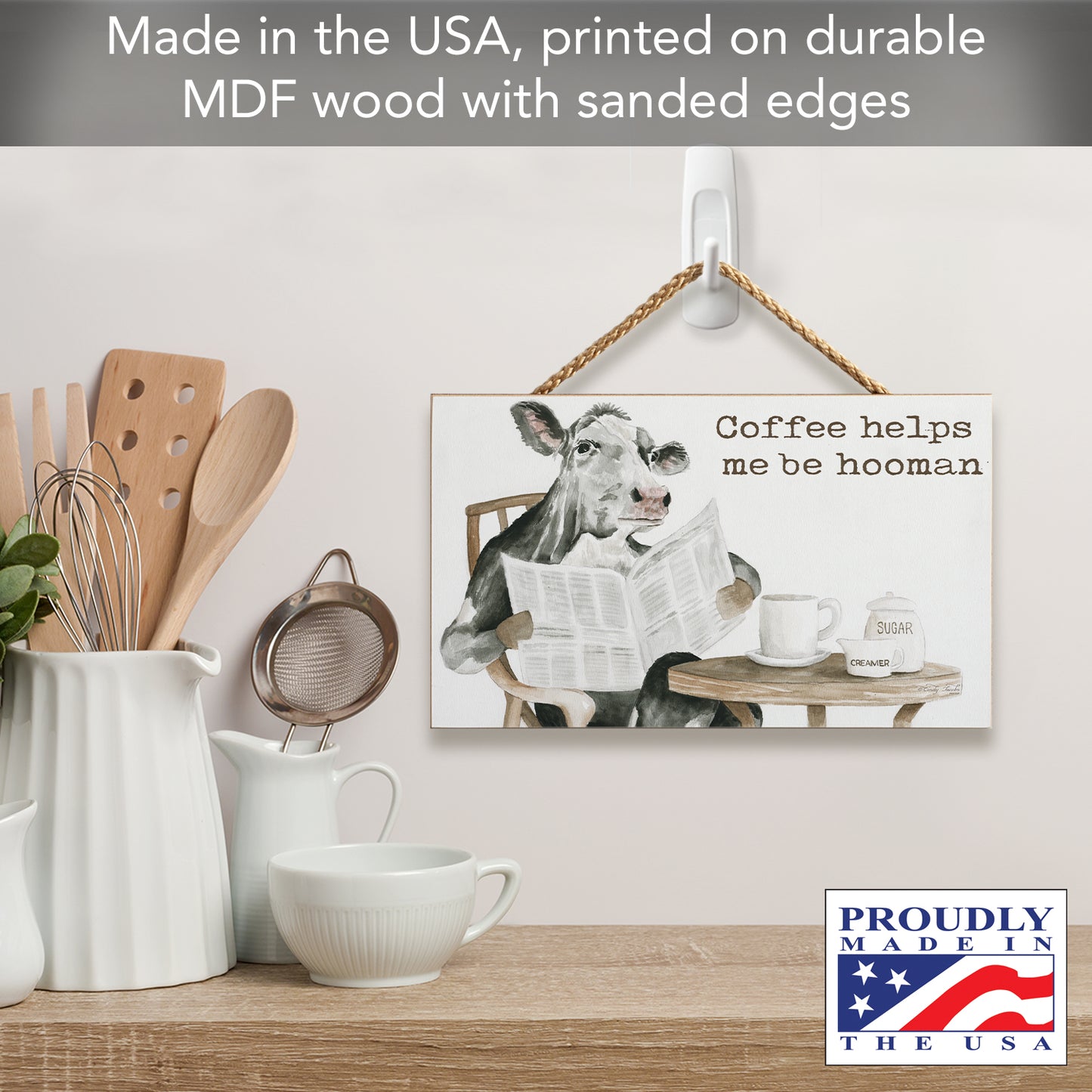 CounterArt Hooman Humorous Hanging Wood Wall Sign 9.5” by 5.75” Made in the USA Features Braided Rope Hanger
