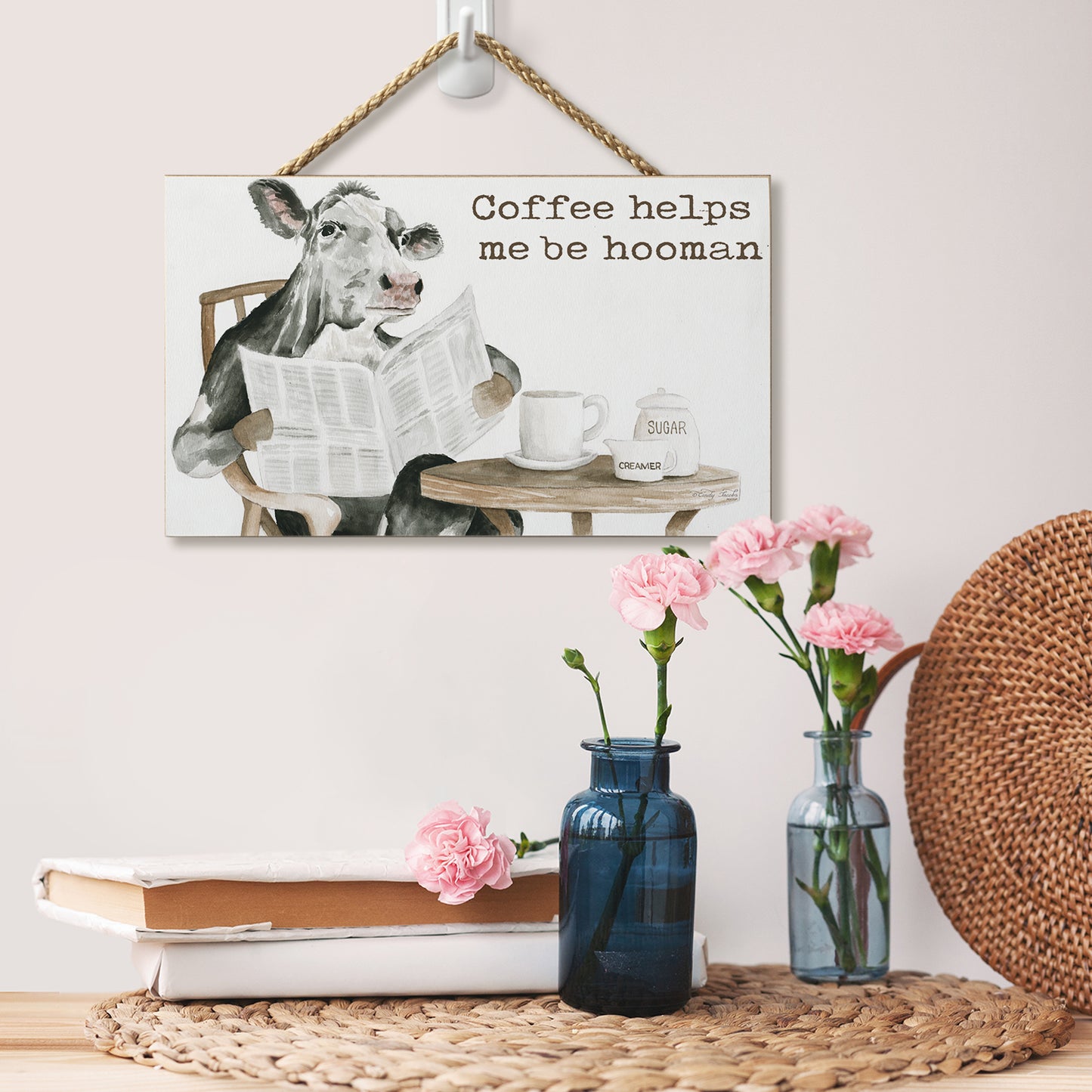 CounterArt Hooman Humorous Hanging Wood Wall Sign 9.5” by 5.75” Made in the USA Features Braided Rope Hanger