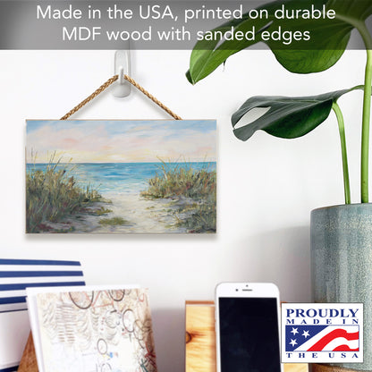 CounterArt Beach Walk Decorative Hanging Wood Wall Sign 9.5” by 5.75” Made in the USA Features Braided Rope Hanger
