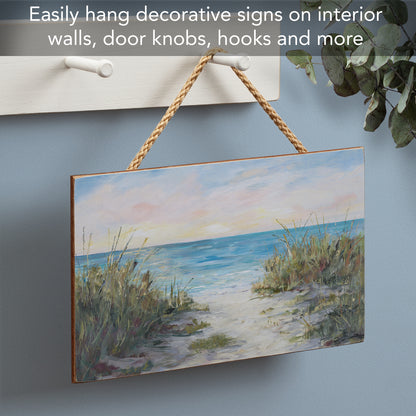 CounterArt Beach Walk Decorative Hanging Wood Wall Sign 9.5” by 5.75” Made in the USA Features Braided Rope Hanger