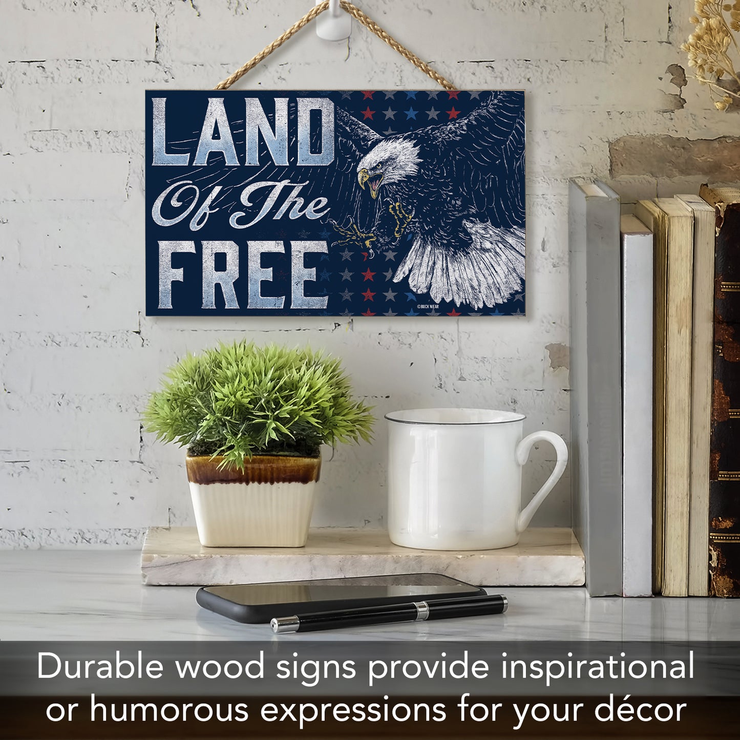 CounterArt Land Of The Free Decorative Hanging Wood Sign 9.5” by 5.75” Made in the USA Features Braided Rope Hanger