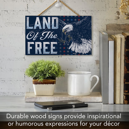 CounterArt Land Of The Free Decorative Hanging Wood Sign 9.5” by 5.75” Made in the USA Features Braided Rope Hanger