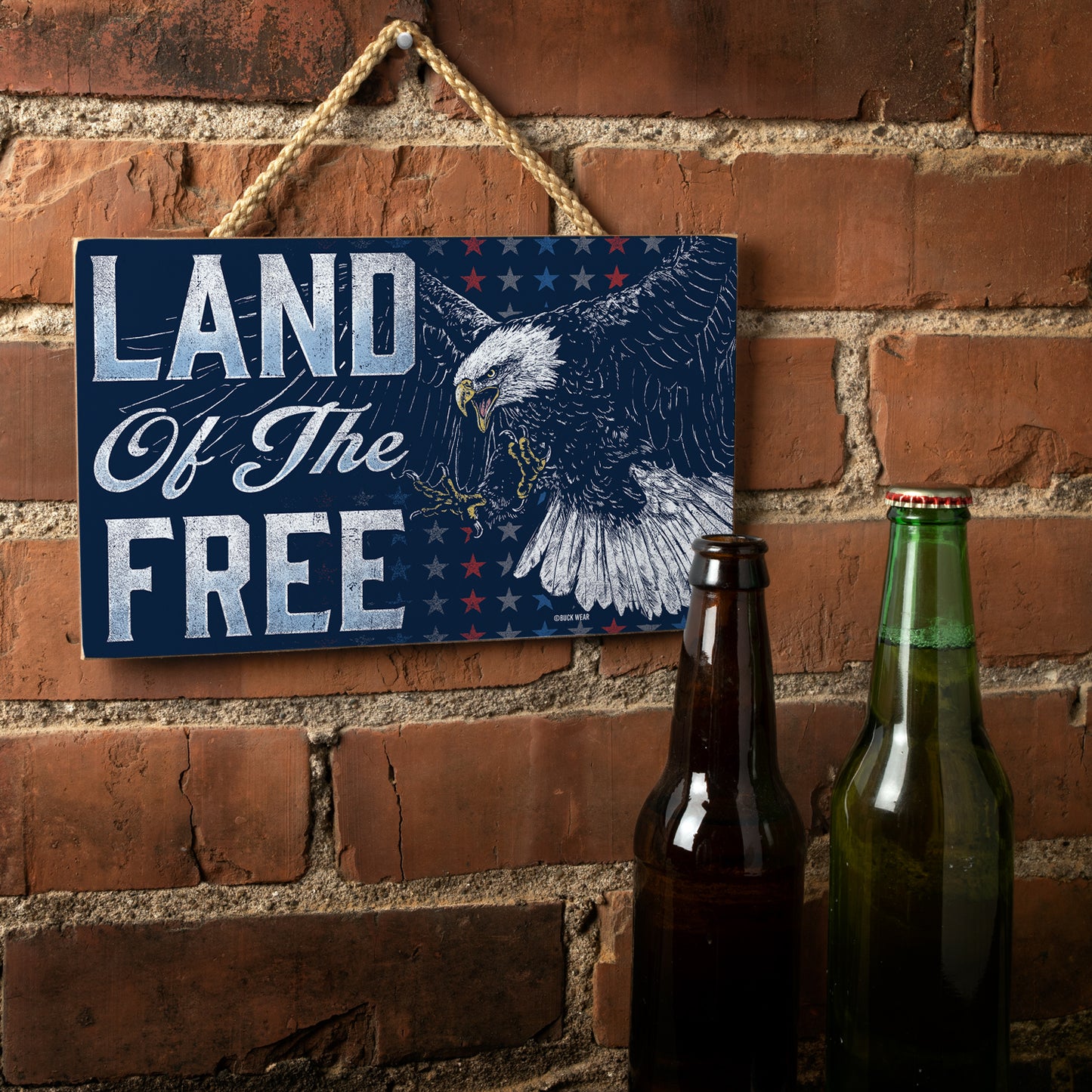 CounterArt Land Of The Free Decorative Hanging Wood Sign 9.5” by 5.75” Made in the USA Features Braided Rope Hanger