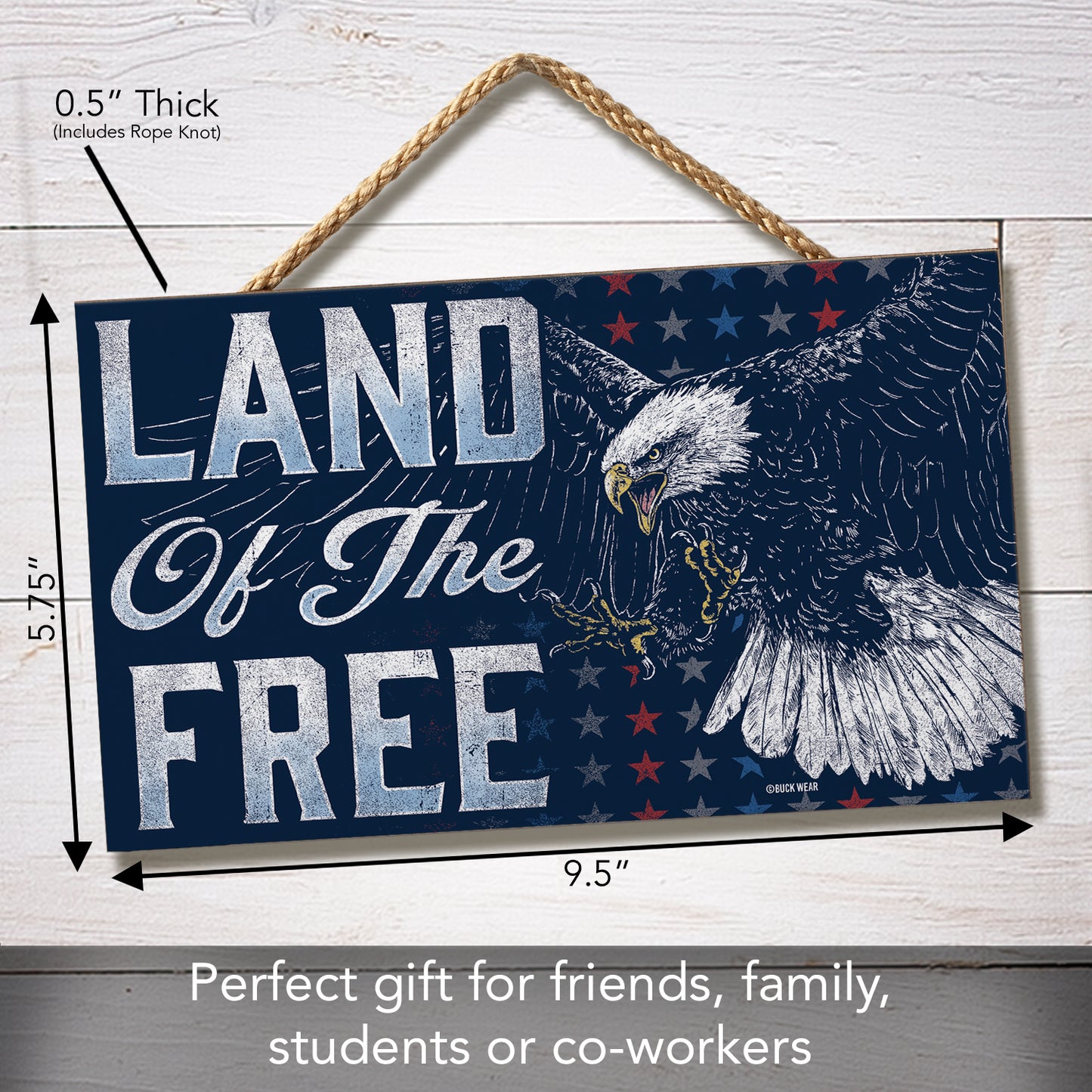 CounterArt Land Of The Free Decorative Hanging Wood Sign 9.5” by 5.75” Made in the USA Features Braided Rope Hanger