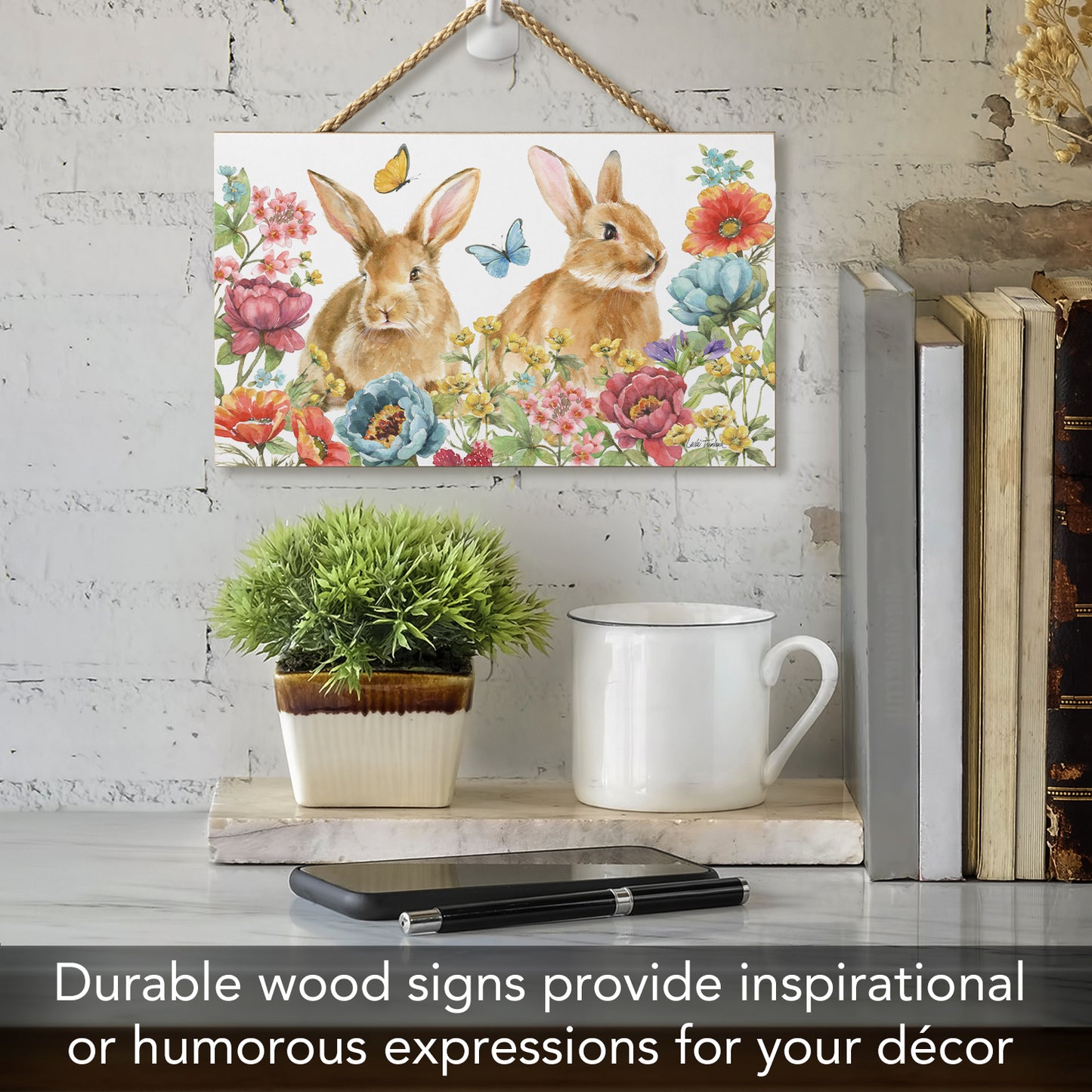 Highland Home Garden Bunnies Decorative Hanging Wood Sign 9.5” by 5.75” Made in the USA Features Braided Rope Hanger