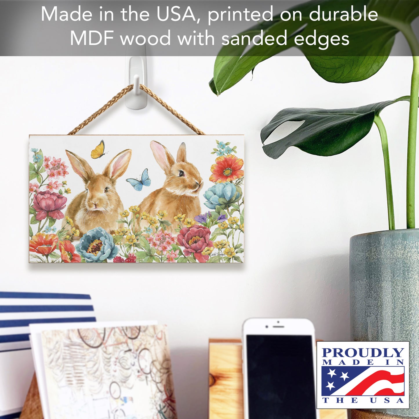 Highland Home Garden Bunnies Decorative Hanging Wood Sign 9.5” by 5.75” Made in the USA Features Braided Rope Hanger