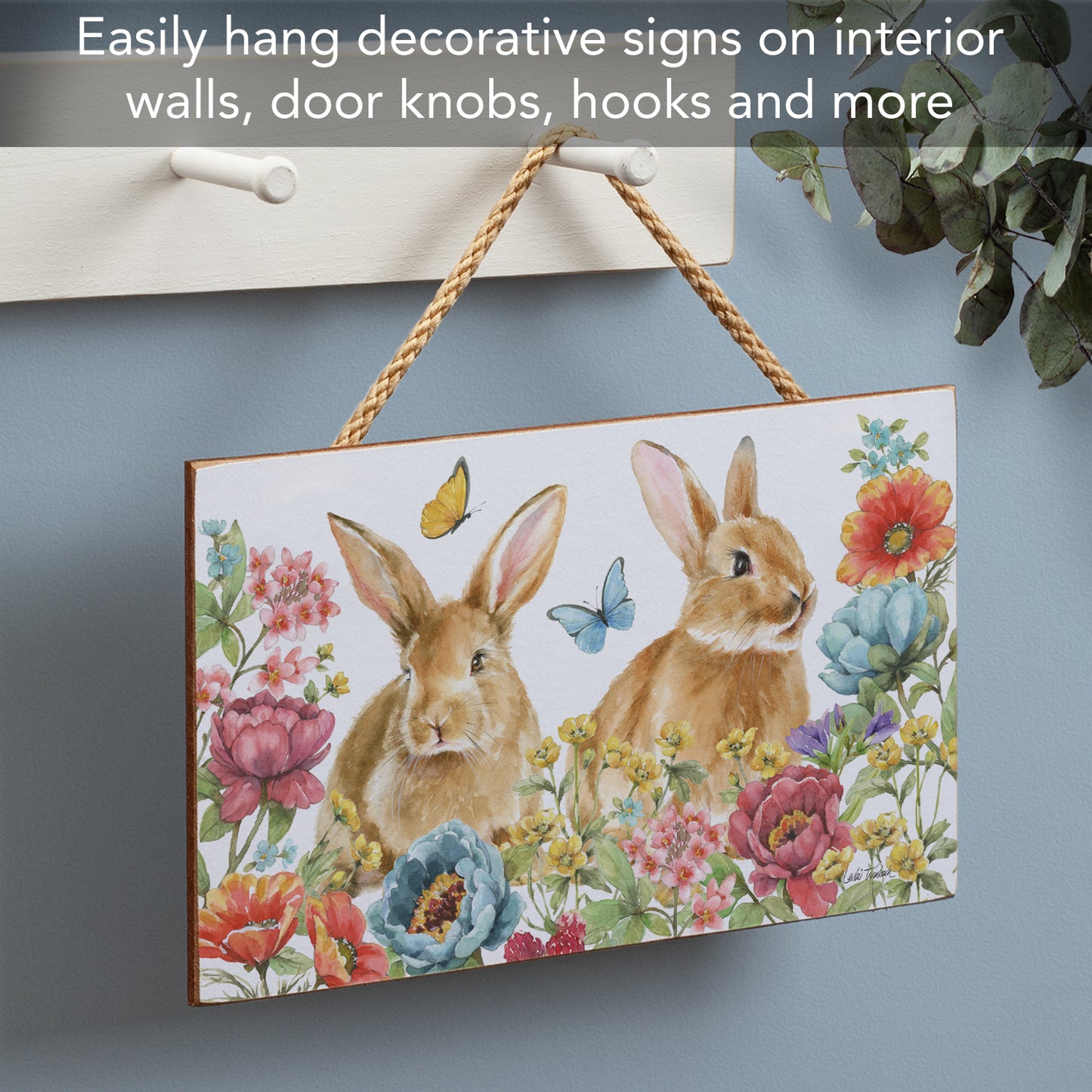 Highland Home Garden Bunnies Decorative Hanging Wood Sign 9.5” by 5.75” Made in the USA Features Braided Rope Hanger