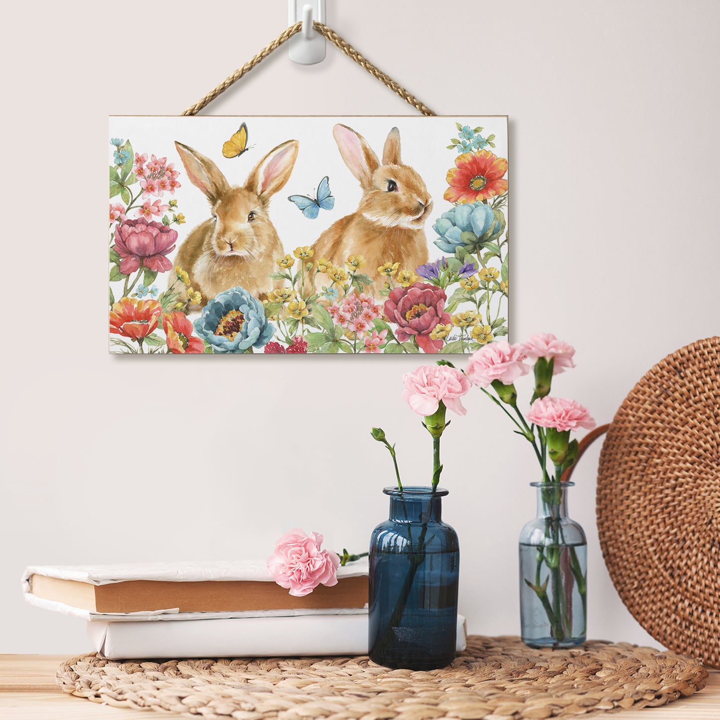 Highland Home Garden Bunnies Decorative Hanging Wood Sign 9.5” by 5.75” Made in the USA Features Braided Rope Hanger