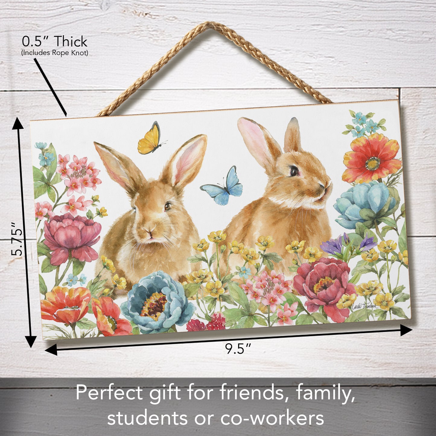Highland Home Garden Bunnies Decorative Hanging Wood Sign 9.5” by 5.75” Made in the USA Features Braided Rope Hanger