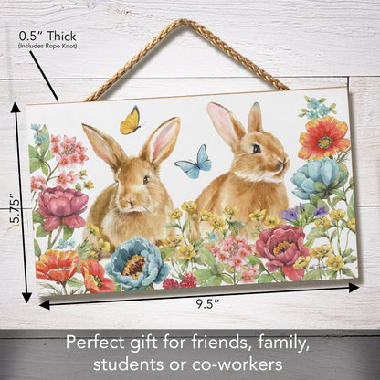 Highland Home Garden Bunnies Decorative Hanging Wood Sign 9.5” by 5.75” Made in the USA Features Braided Rope Hanger