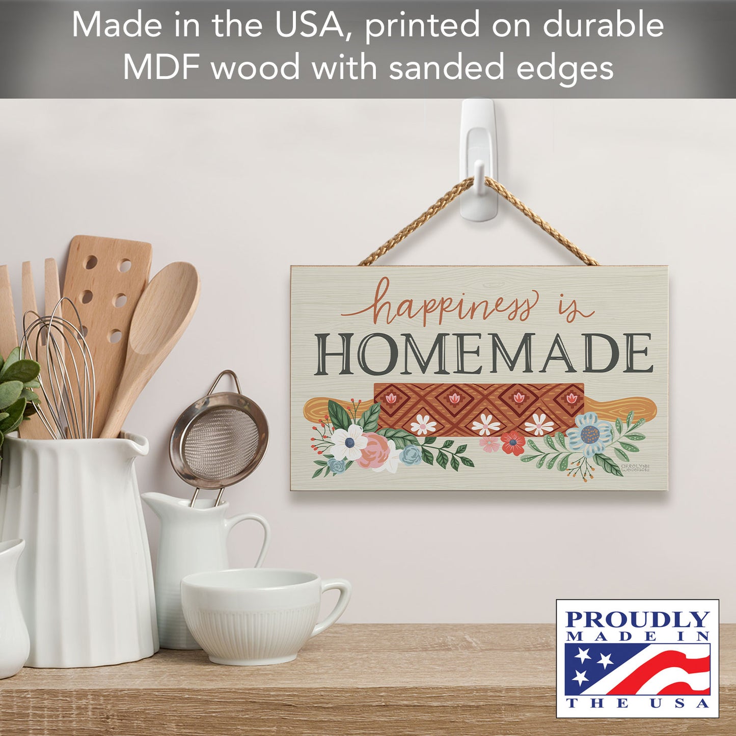 Happiness is Homemade Decorative Hanging Wood Sign 9.5” by 5.75” Made in the USA