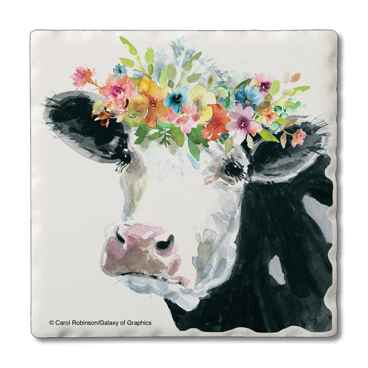 Thirstystone Floral Cow 4 Pack Tumbled Tile Stone Coasters 4" Square Manufactured in the USA